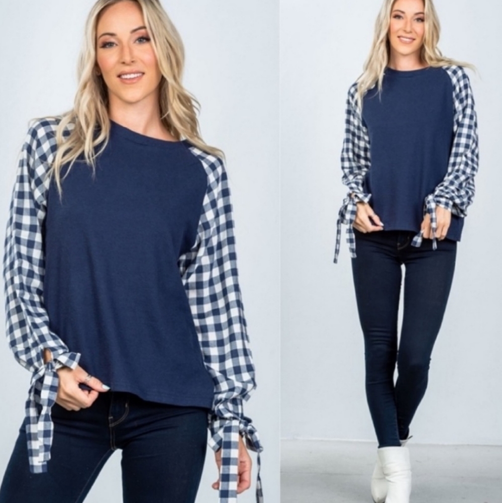Checker Bow Wrist Tied Blouse Top